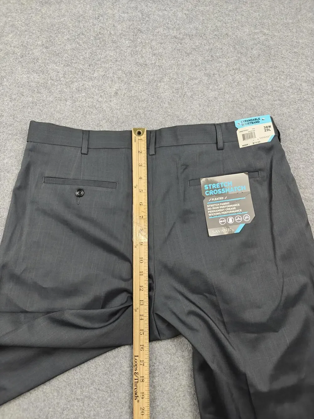 Savane Pants Mens 38x29 Gray Dress Pleated Stretch Crosshatch Microfiber
